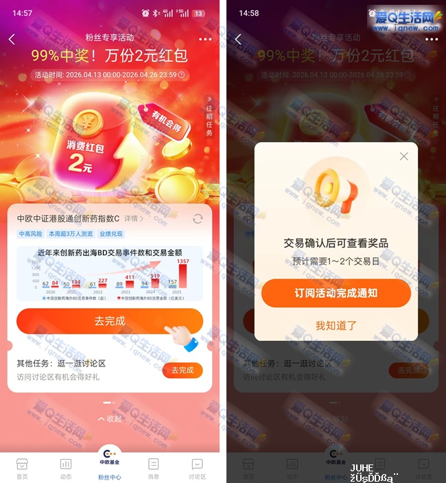 支付宝中欧基金 完成任务2元消费红包_www.iqnew.com